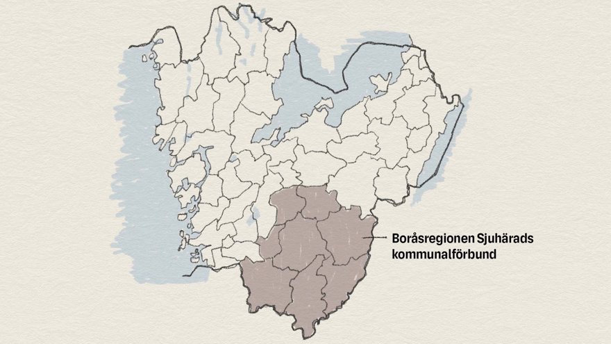 Karta över länet där Boråsregionen Sjuhärads kommunalförbund är markerat