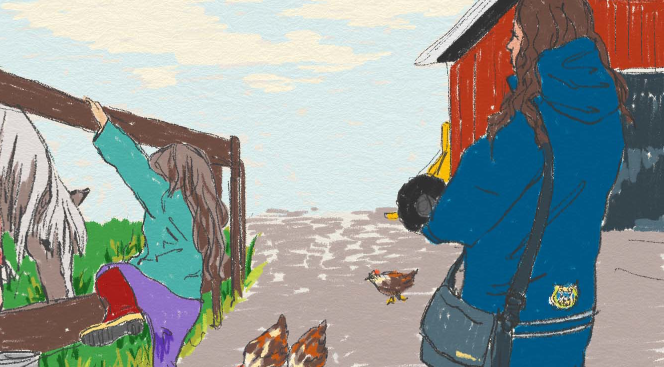 Ett barn klättrar på staketet till en hage och däri betar en häst