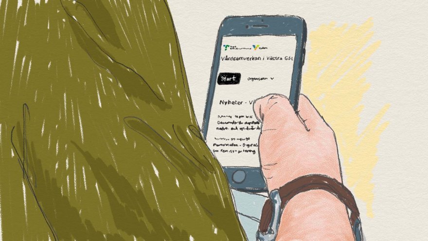 En hand håller i en mobiltelefon med kontaktuppgifter