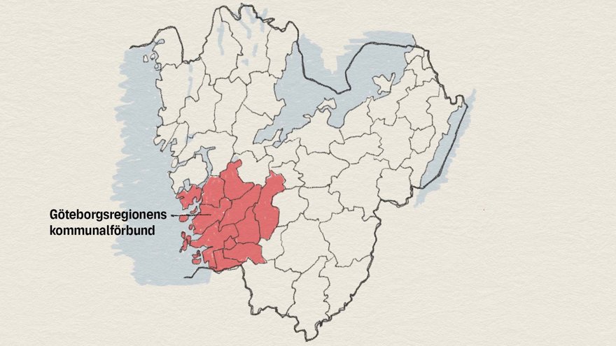 Karta över länet som visar Göteborgsregionens kommunalförbund markerat