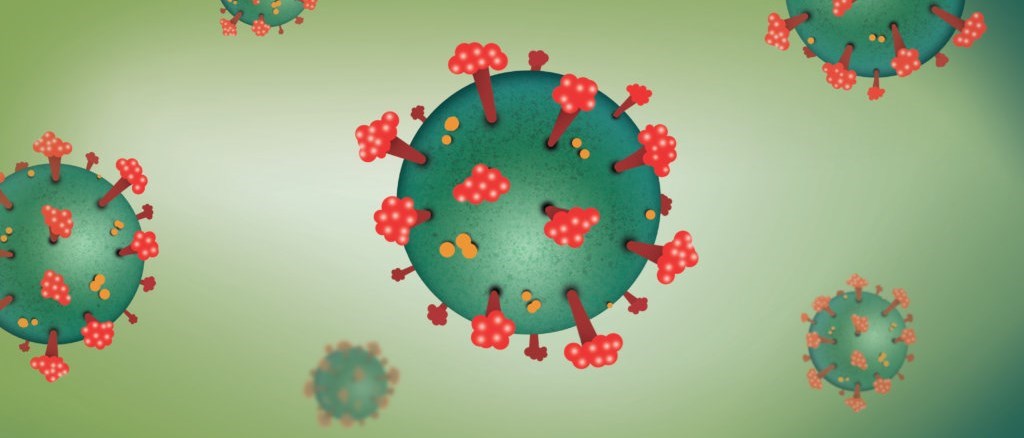 Illustration av corona-virus i grönt och rött.