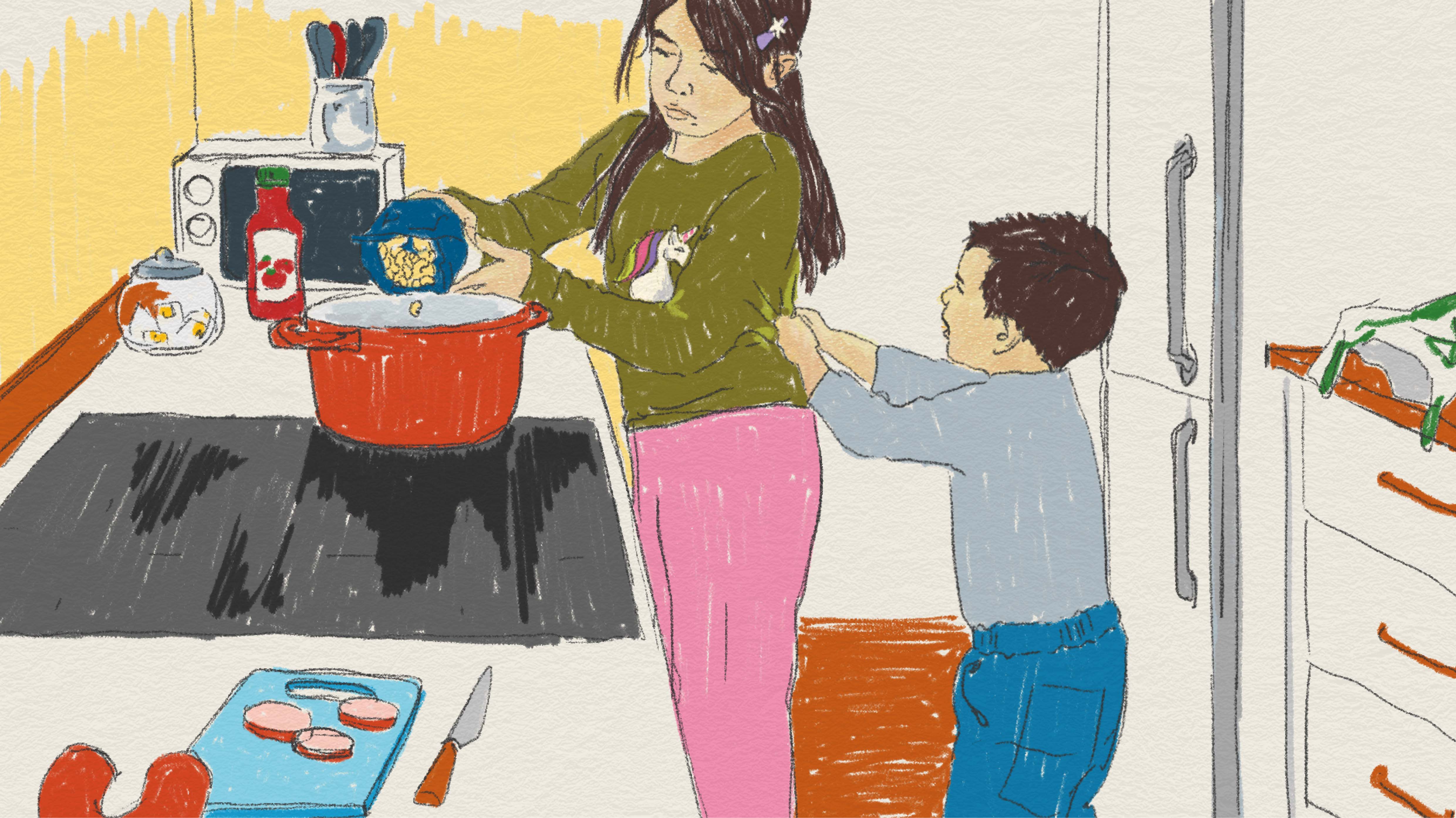 Barn drar i en mamma eller syster när hon försöker lagar mat