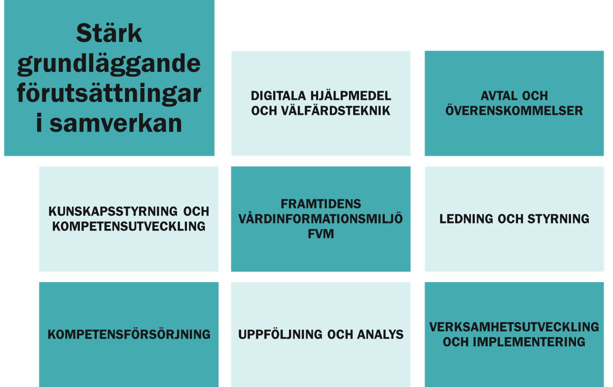 En bild med åtta rektanglar som hänger ihop. I rektanglar finns de områden man behöver jobba med för att stärka grundläggande förutsättningar i samverkan: Digitala hjälpmedel  och välfärdsteknik, avtal och överenskommelser, digitala hjälpmedel och välfärdsteknik, kunskapsstyrning och kompetensutveckling, framtidens vårdinformationsmiljö (FVM), ledning och styrning, kompetensförsörjning samt verksamhetsutveckling och implementering.