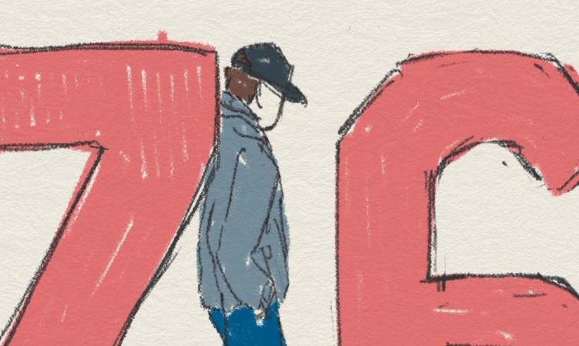 Siffror som säger 76 procent och två personer som står lutade mot siffrorna