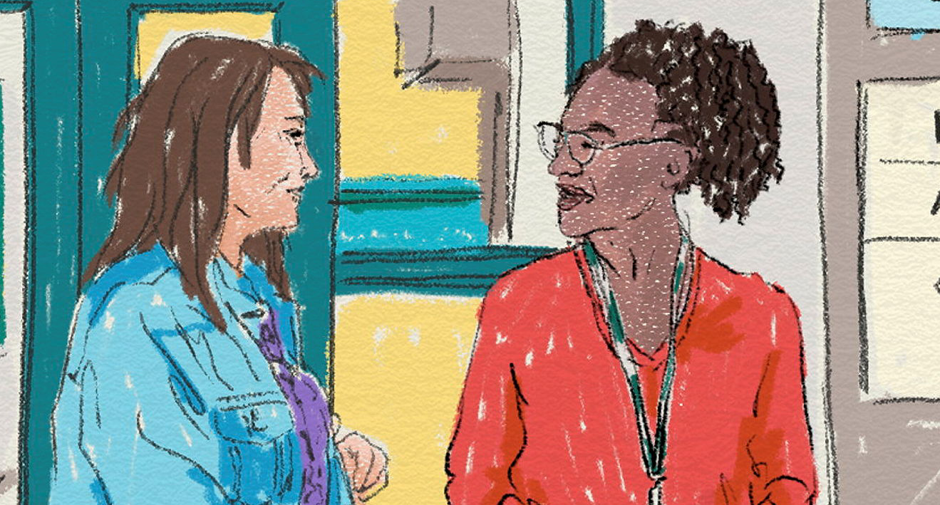 Två personer står utanför en klinik