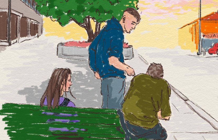 Tre ungdomar sitter på en parkbänk intill en gata eller torg