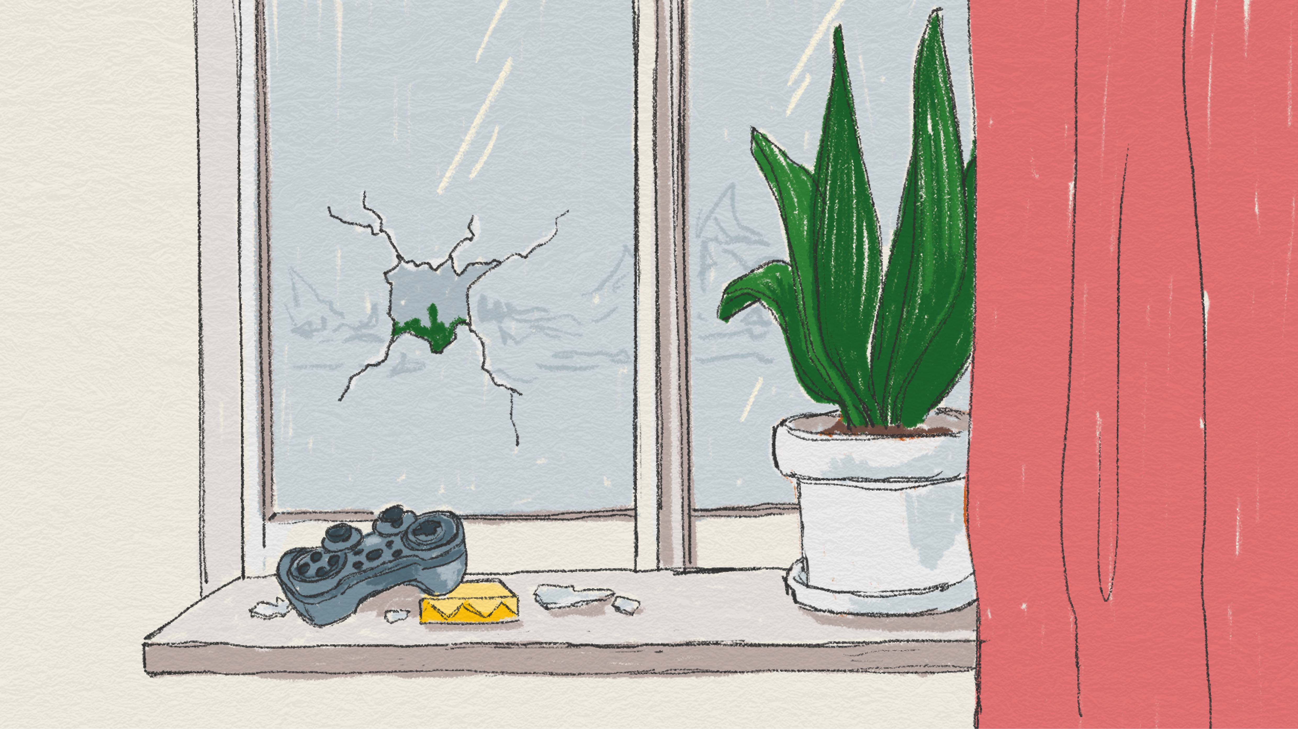 Ett fönster med ett hål i som om någon kastat något genom det