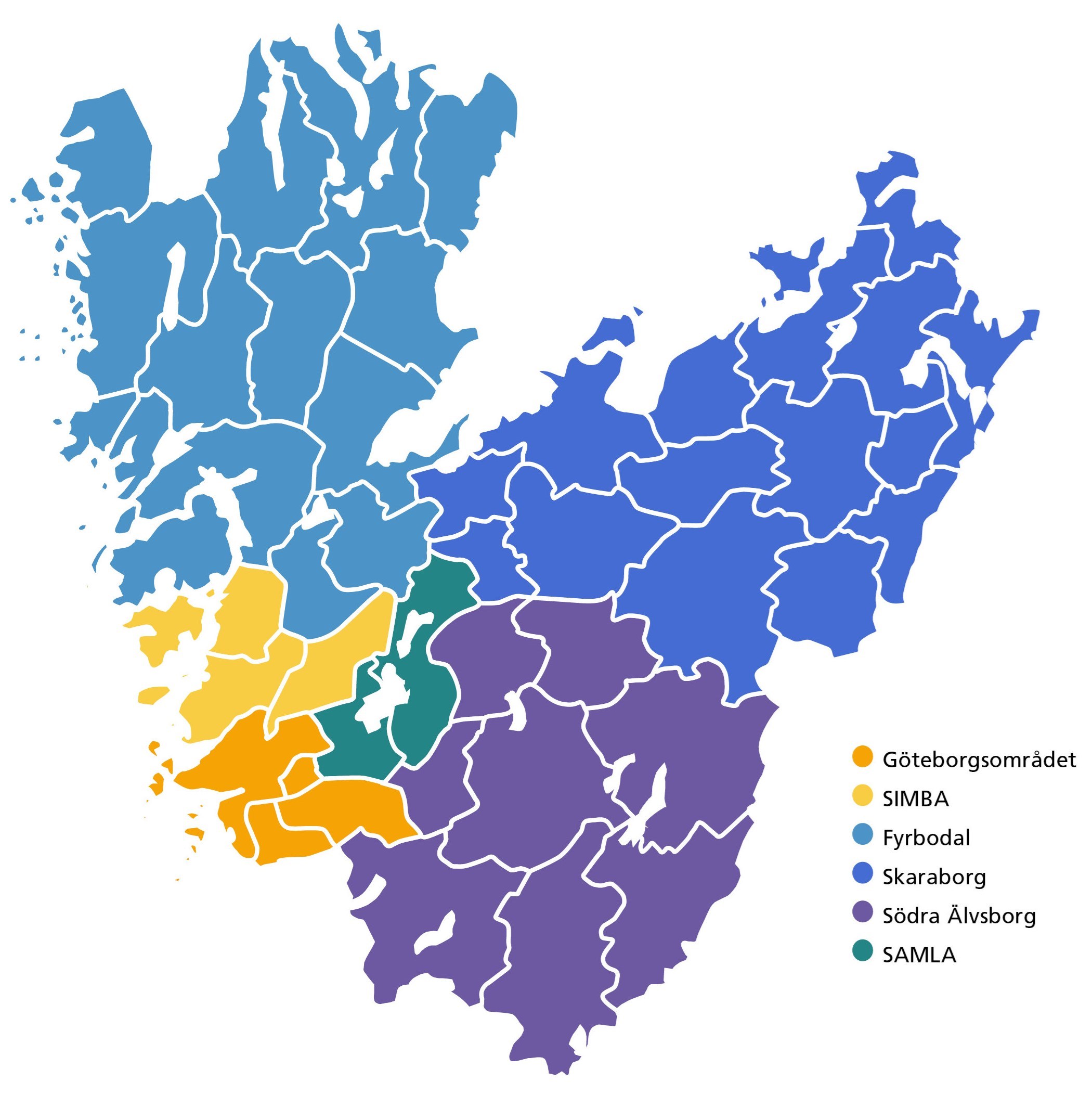 En bild av en karta över Västra Götaland som visar sex delregionala vårdsamverkans områden