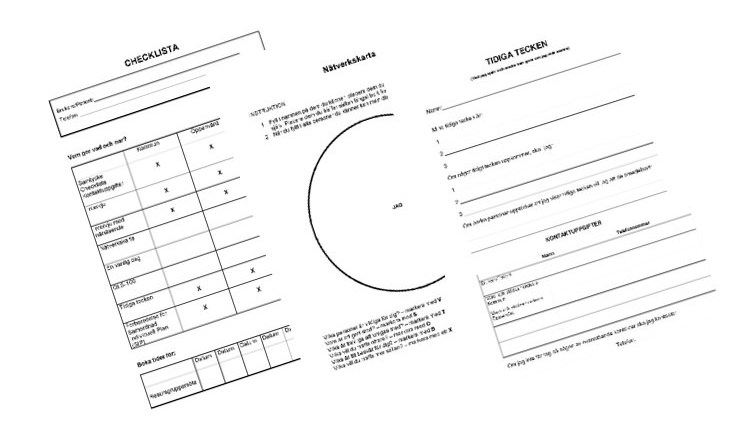 Illustration som visar tre olika dokument som är arbetsmaterial i Vård- och stödsamordning.