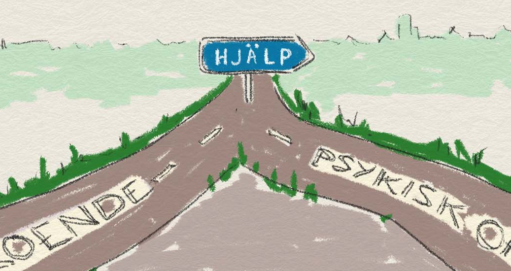 Ett vägskäl med en skylt det står hjälp på