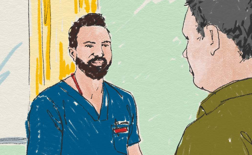 Två personer står mitt emot varandra, en är läkare