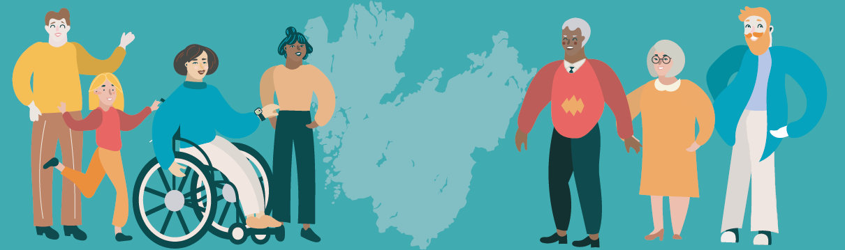 En bild som visar illustrerade människor, unga och gamla, olika nationaliteter och en sitter i rullstol. Alla ser glada ut. En karta av Väsra Götaland finns i bakgrunden